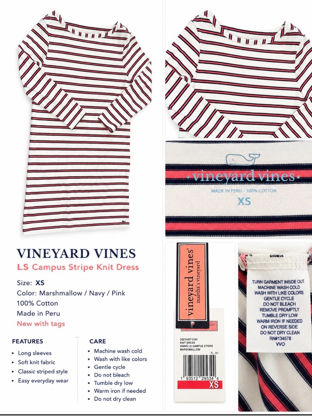 Vineyard Vines Marshmallow Navy Pink Striped Long Sleeve Dress